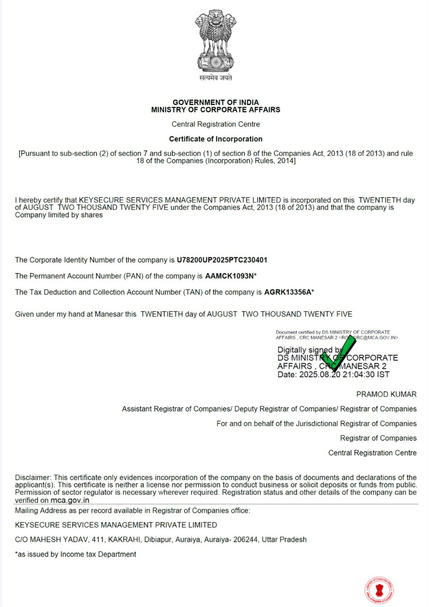 ministry of corporate affairs keysecure